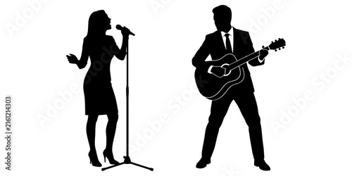 Black silhouette of a female singer with a microphone and a male guitarist playing guitar