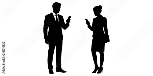 Black silhouette of a businessman and businesswoman using smartphones on white background
