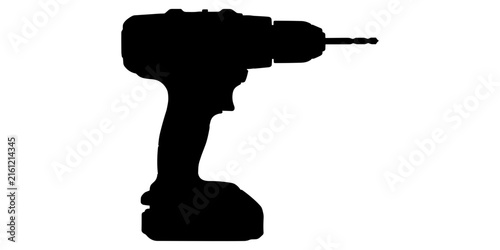 Foto Black silhouette of a cordless power drill with a drill bit on a white backgroun
