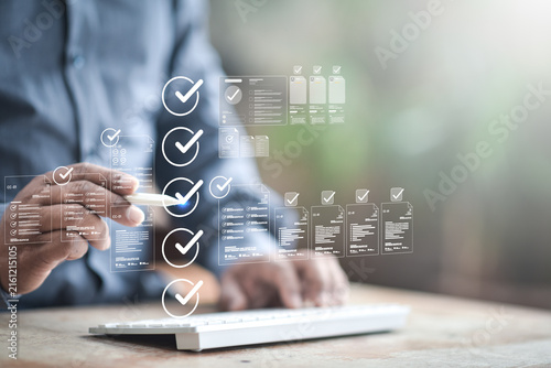 Modern technology platform executes strict document workflow review ensuring corporate policy compliance clicking digital checkbox validating security standard granting approval