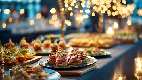 Elegant Gourmet Canap?s on a Festive Buffet Table with Golden Bokeh Lights.