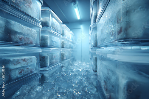Inside a Frozen Storage Warehouse with Rows of Shelves and Ice Crystals.