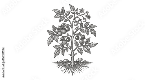 Vintage engraving of a fruiting tomato plant botanical.