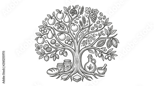 Tree of life composed of various fresh produce.