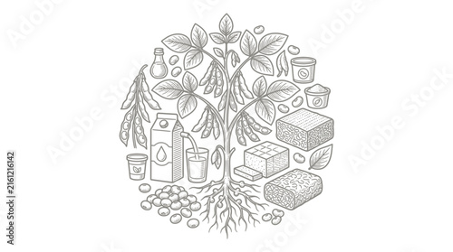 Circular diagram of a soybean plant and soy products.
