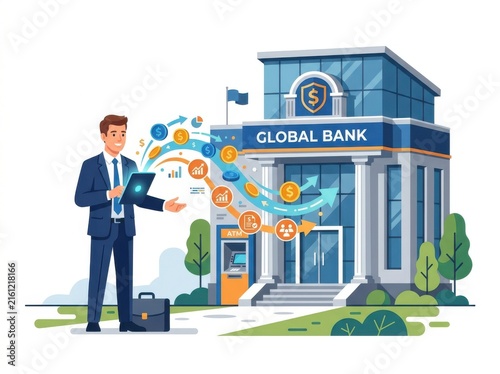 Businessman using a digital tablet in front of a modern global bank building