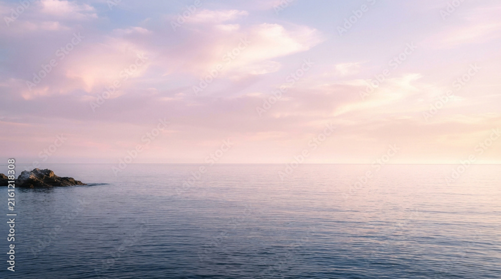 Obraz premium Serene calm ocean water surface during peaceful sunrise with pink pastel clouds
