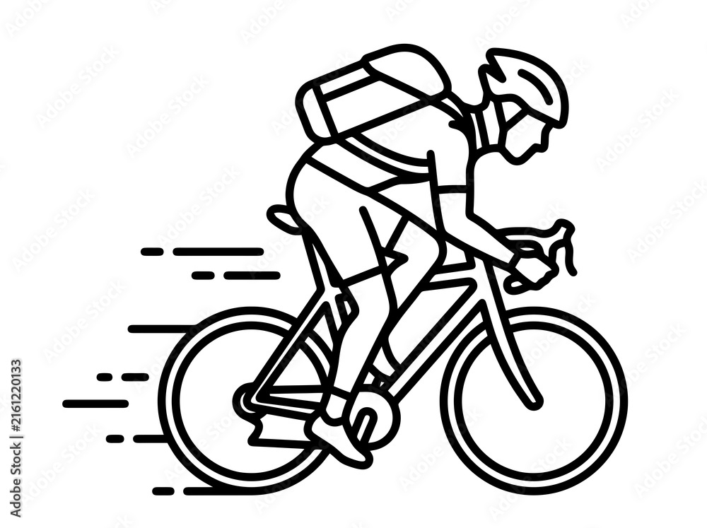 Fototapeta premium Cyclist with helmet and backpack rides bicycle fast while training outdoors on a sunny day