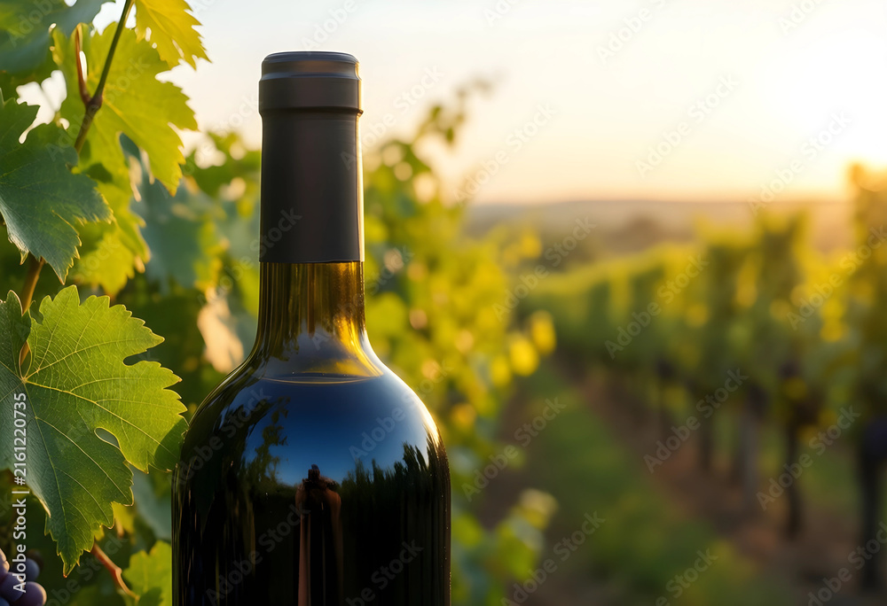 Naklejka premium Wine production and viticulture, red wine bottle in a vineyard at sunset, winemaking and agricultural industry