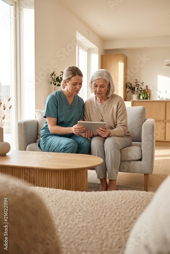 Caring female nurse and senior woman sitting on couch using digital tablet together at home
