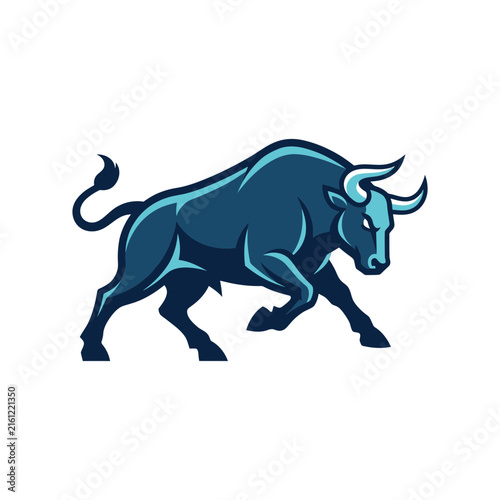 Charging blue bull mascot symbolizing power and strength.