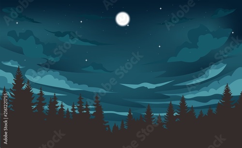 A night sky view filled with artistic layers of clouds and a brightly shining full moon surrounded by several twinkling stars.