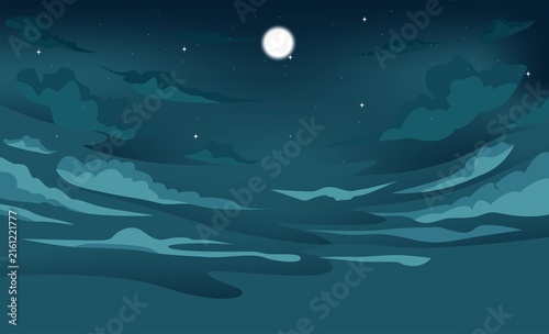A night sky view filled with artistic layers of clouds and a brightly shining full moon surrounded by several twinkling stars.