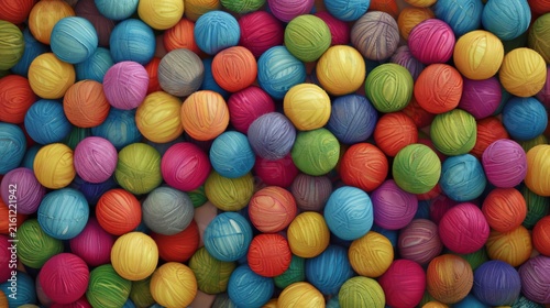 Vibrant and soft textured abstract composition of colorful pastel pom poms and fuzzy balls