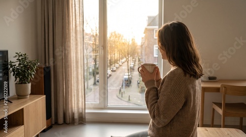 Person Drinking Coffee While Looking Through a Bright Apartment Window