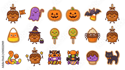 Cute Halloween Kawaii Characters and Candies Set