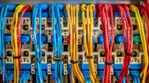 Neatly arranged electrical panel with circuit breakers and colorful wires for home safety
