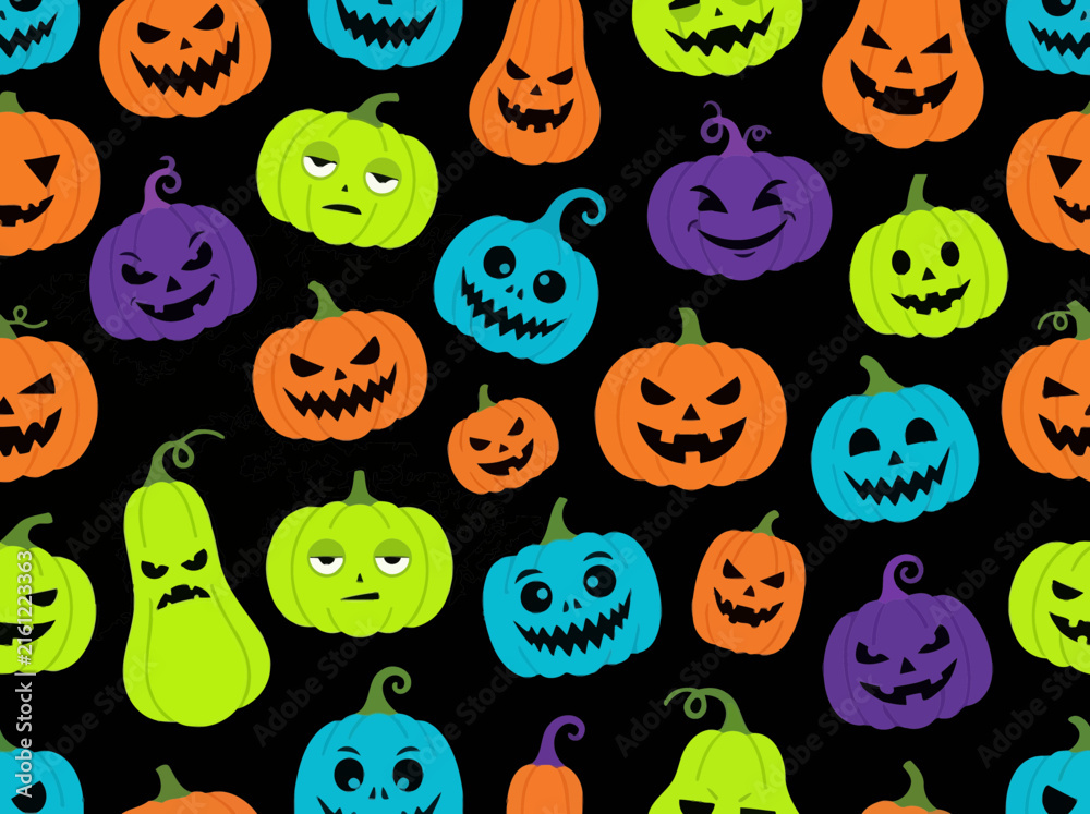 Fototapeta premium Seamless Halloween pattern with colorful jack-o-lantern pumpkins and spooky expressions on black background.