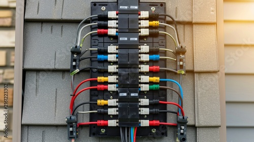 Neatly arranged electrical panel with circuit breakers and colorful wires for home safety