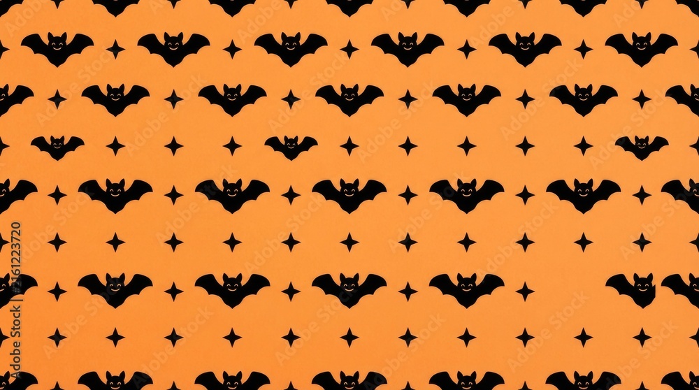 Fototapeta premium Halloween patterned fabric with black bats on orange background home decor gift wrap interior design halloween background seasonal material repeating tablecloth