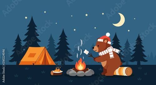 Cute flat vector illustration of a brown bear wearing a scarf and hat roasting marshmallows over a campfire next to an orange tent in a pine forest at night under a crescent moon.