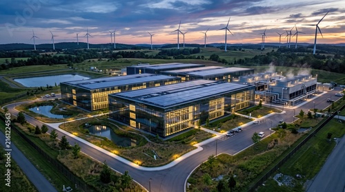 A modern industrial facility at sunset, surrounded by wind turbines and lush landscapes showcasing sustainability.