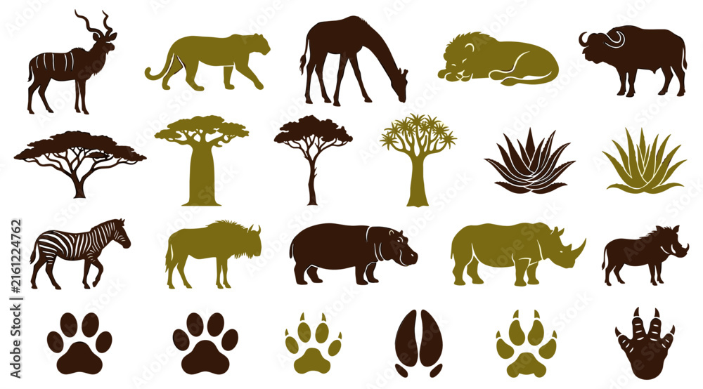 Obraz premium African Safari Wildlife Silhouette Icon Set with Savanna Animals Trees and Animal Paw Prints for Nature Designs Vectors and Graphics