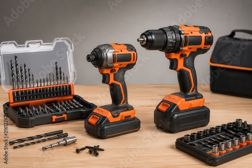 Power tools and accessories are arranged on a wooden surface for home improvement tasks