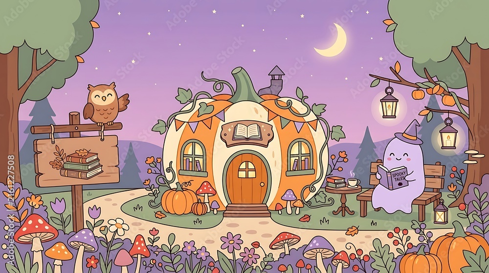 Naklejka premium A whimsical and enchanting halloween scene featuring a spooky yet inviting haunted house bathed in the glow of a crescent moon and autumn foliage