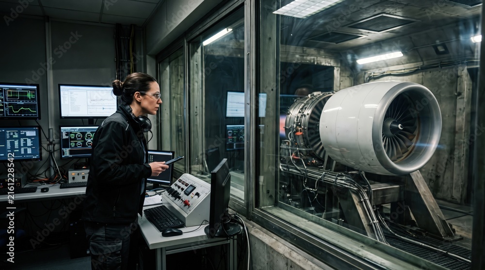Fototapeta premium Engineer Monitoring Jet Engine Performance in Testing Facility for Aviation Development