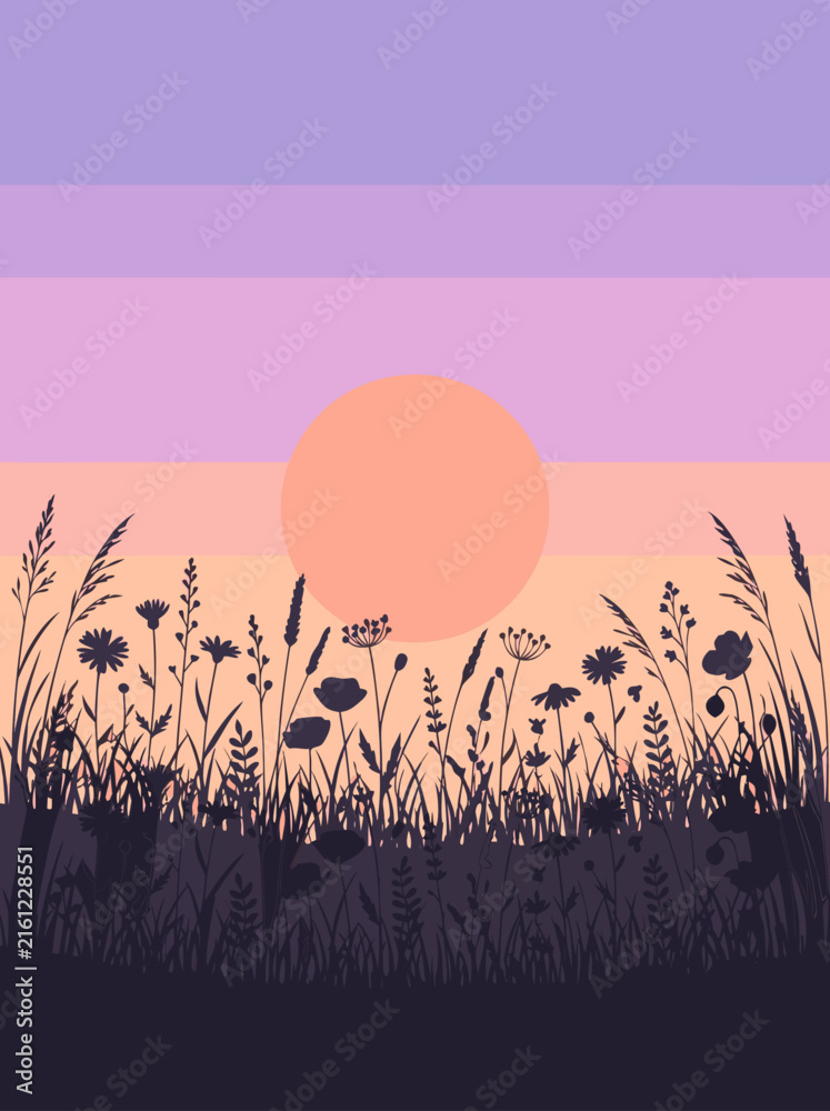 Fototapeta premium Minimalist Flat Vector Illustration of a Serene Sunset over a Grassy Meadow with Wildflowers in a Vertical Landscape Orientation