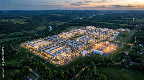 Aerial view of a large data center complex illuminated at dusk, surrounded by lush greenery and rolling hills.