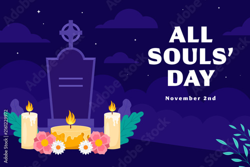 All Souls' Day Landscape Banner Design with Tombstone and Candles