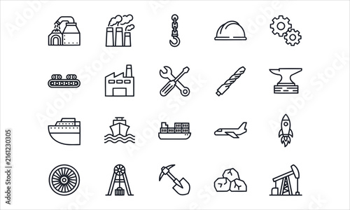 Set of 20 icons related to heavy industry, aerospace, shipbuilding, production, mining, industrial.