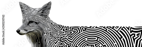 Black and white fox with maze pattern and copy space
