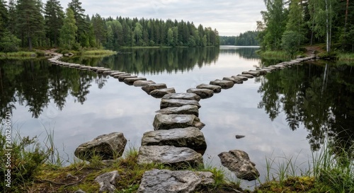 Stone Stepping Path Splits into Two Over Calm Lake Amidst Forest Landscape