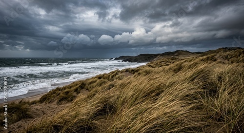 Stormy Coastal Landscape with Wavy Ocean Under Dramatic Clouds