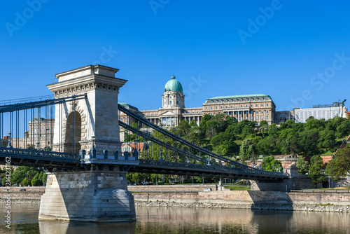The historic Széchenyi Chain Bridge spanning the River Danube in Budapest, Hungary, with the grand Buda Castle in the background.