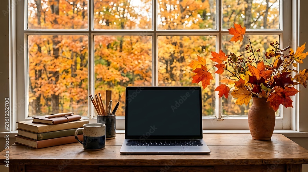 Fototapeta premium Cozy desk featuring modern laptop books and pencil cup placed near window overlooking autumn landscape perfect for creative home office work space and academic study atmosphere.