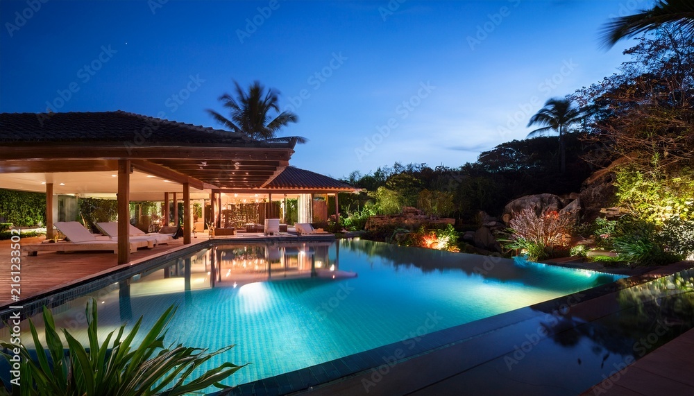 Fototapeta premium tropical pavilion villa with koi pond and infinity pool at night