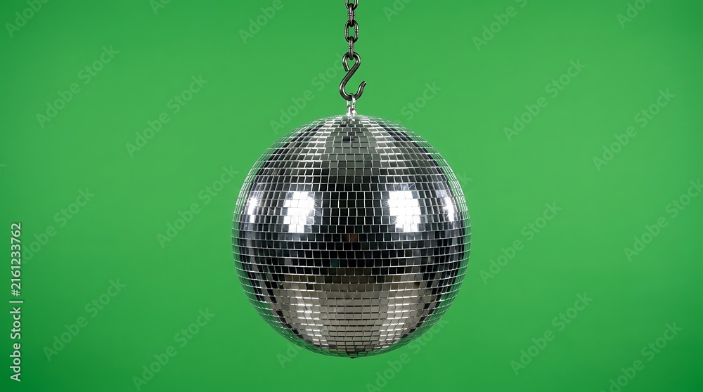 Fototapeta premium Shiny disco ball hanging from metal chain against vibrant green background, perfect for parties celebrations and disco themes as a graphic element or decoration.
