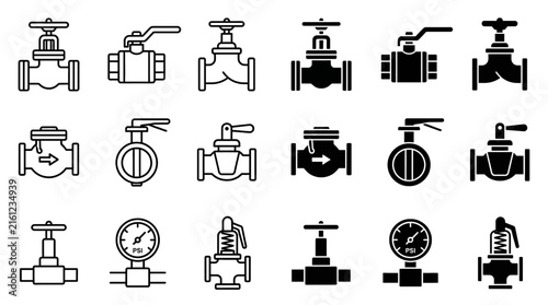 Foto Industrial pipeline valves and plumbing fittings vector icon set in outline and