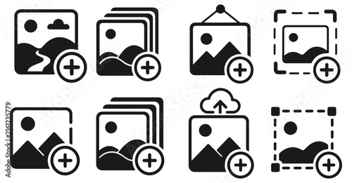 Add photo and image icon collection, attach picture symbols, edit gallery and album illustrations, upload and insert media icons with editable vector elements