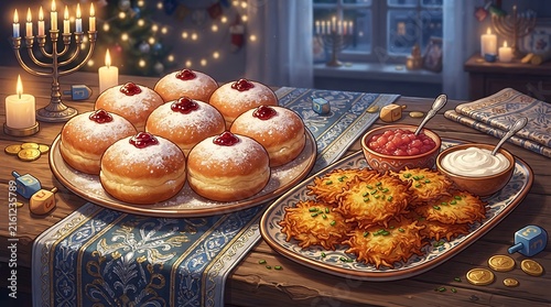 A mouth-watering illustration presents a delicious spread of traditional Hanukkah foods, including golden sufganiyot and crispy latkes with toppings. 