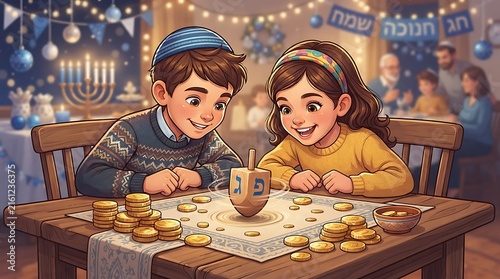 This vibrant illustration showcases two joyful children engrossed in a traditional Hanukkah dreidel game, surrounded by chocolate gelt coins. 