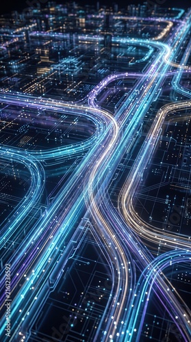 Luminous Data Particles Flowing Through Digital Pathways, Vertical Format