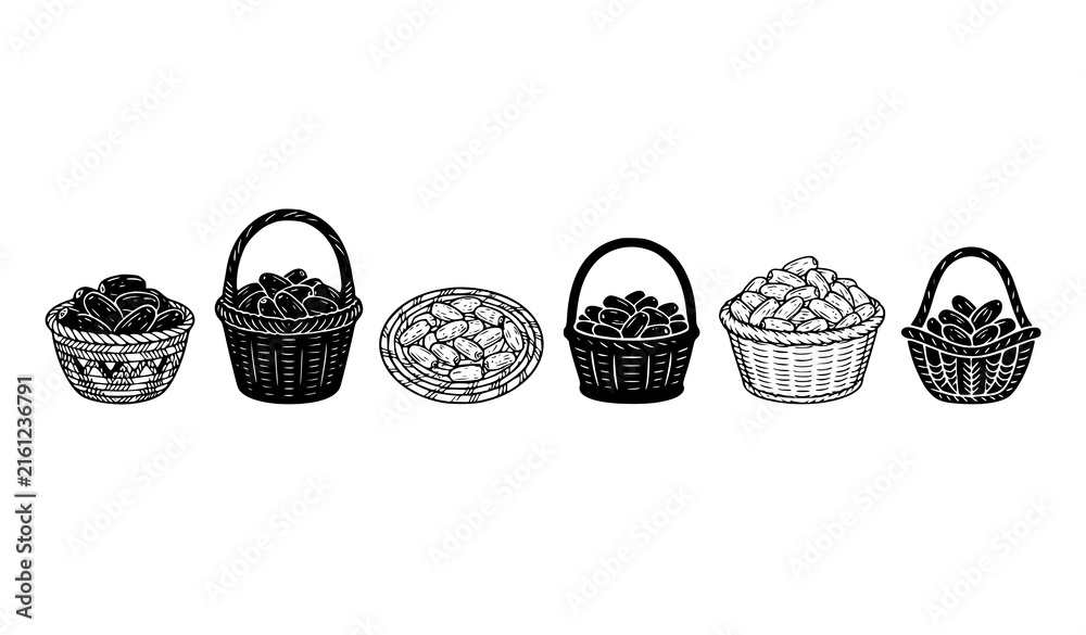 Obraz premium Traditional Date Fruit Basket Outline and Black Silhouette Vector Set