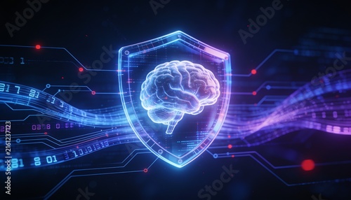 Futuristic AI Digital Brain Enclosed in Powerful Holographic Shield with Encrypted Data Streams, Premium Artificial Intelligence Security Concept, Blue Purple Lighting, Machine Learning Protection