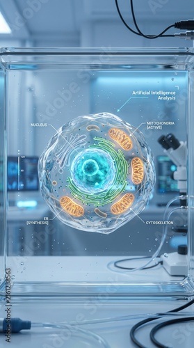 Biological Cell With Visible Organelles in Clear Fluid, Vertical Format