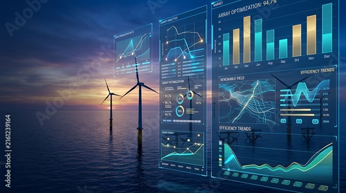Offshore Wind Farm Digital Twin with Energy Analytics Dashboard at Sunset for Renewable Management